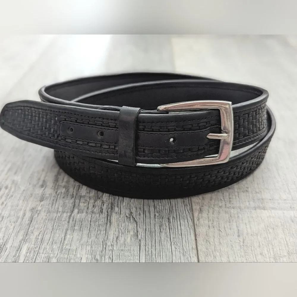 Tommy Bahama Black Brown Leather Belt Braided with Silver Buckle Size 44